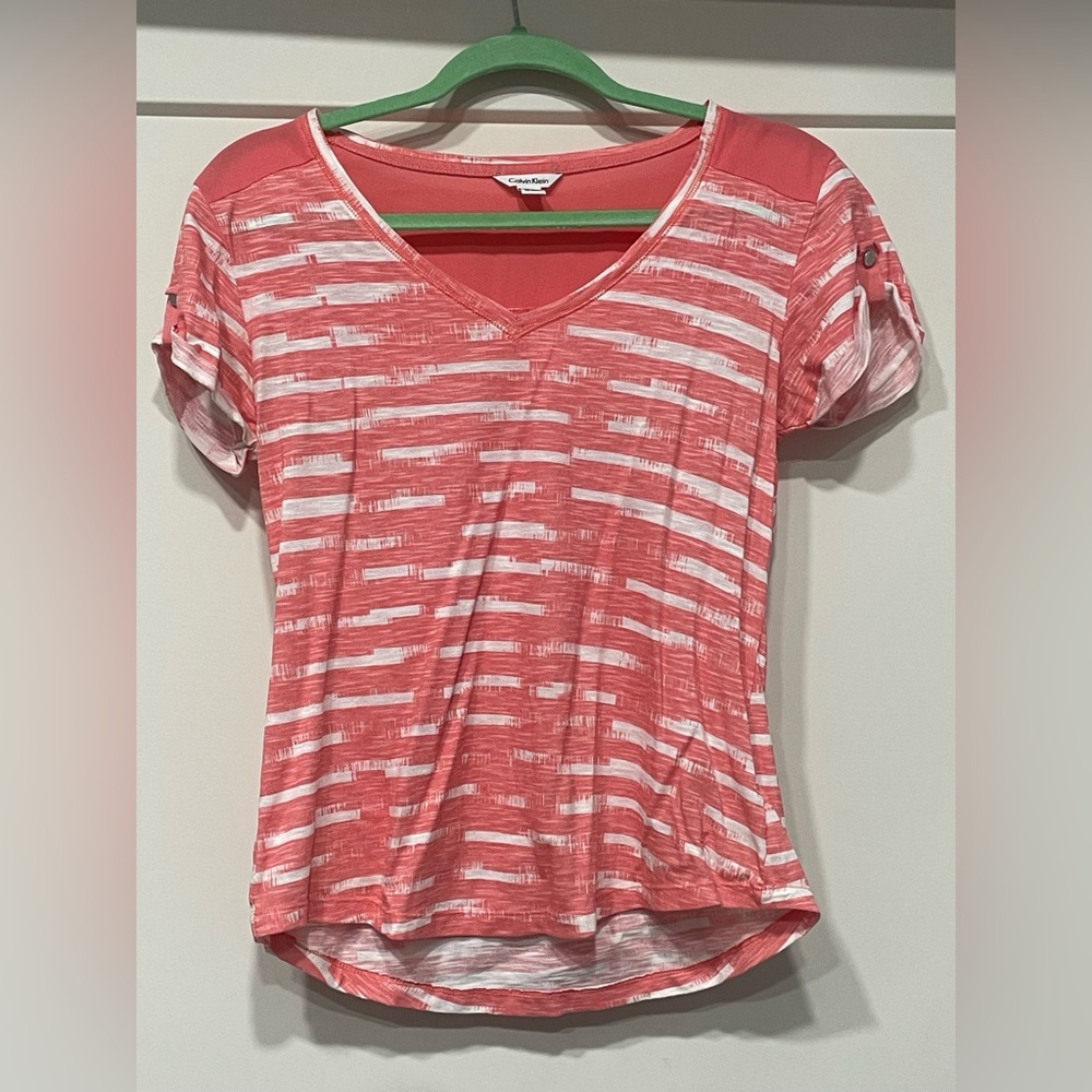 Calvin Klein Women's Coral and White Striped Tee